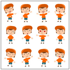 Set of funny boy in cartoon style in different poses and emotions isolated on white background.