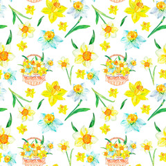 Watercolor spring floral pattern in yellows with daffodils flowers on white background. Botanical hand painted bright colorful illustration for spring holiday cards, easter, textile, wrapping paper.