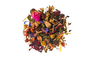 Tea from Alpine herbs, currant leaves, peel rose hips, chamomile flowers, Alpine rose petals, calendula, mint, thyme and forget-me-not flowers