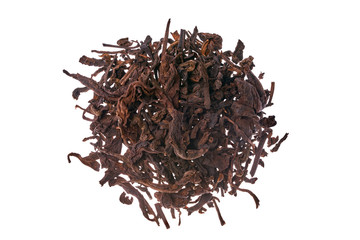 Dry tea leaves isolated on white background.
