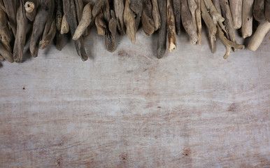 Drift wood at wooden background, decoration, maritime items, sea objects with copy space for your own text 