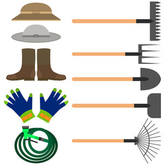 Set of various gardening and farm tools including gloves, watering hose, rake and shovels. Vector illustrations.