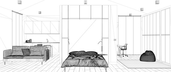 Blueprint project draft, sketch of minimalist modern Murphy wall bed in one room apartment with kitchen, interior design concept idea, modern apartment with parquet floor