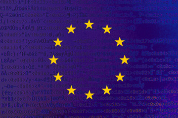 Source code of software with errors and overlaid EU flag. Illustration by European copyright law, European Union directive regarding the protection of copyright on the internet.