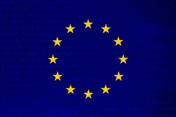 Source code of software with errors and overlaid EU flag. Illustration by European copyright law, European Union directive regarding the protection of copyright on the internet.
