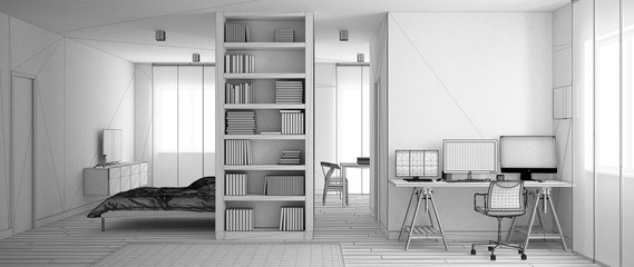 Unfinished project draft of one room apartment with parquet floor, home workplace with desk in white living room, bookshelf, Murphy bed, office, contemporary interior design