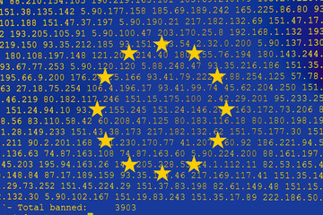 Source code of software with errors and overlaid EU flag. Illustration by European copyright law, European Union directive regarding the protection of copyright on the internet.