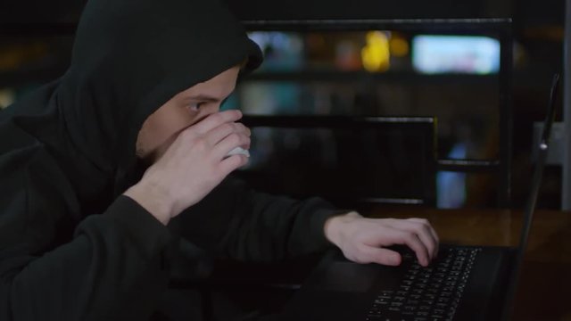 Sequence of videos with young Caucasian man in hoodie sitting at caf&eacute; table at laptop, coding and drinking tea