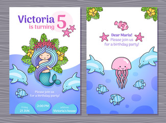 Cute birthday invitation card with little princess mermaid. Under the sea party. Vector cartoon illustration.