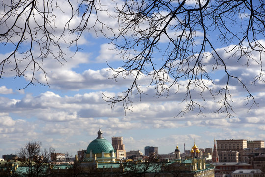 View of Moscow city historic center. Blue ksy background
