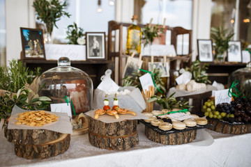 Variety assortment of different luxury food snacks and appetizers, concept of decorated catering banquet set, on a party event celebration