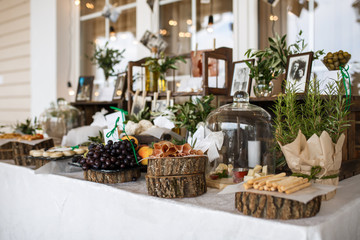 Variety assortment of different luxury food snacks and appetizers, concept of decorated catering banquet set, on a party event celebration