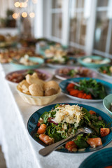 Variety assortment of different luxury food snacks and appetizers, concept of decorated catering banquet set, on a party event celebration