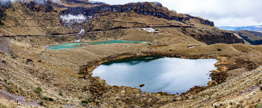 Green lagoons at the foot of the Chiles volcano, Andean p&aacute;ramo with frailejones in Tulcan, Carchi province