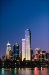 The Rialto building at dusk, Melbourne, Victoria, Australia, with the Yarra river in foreground