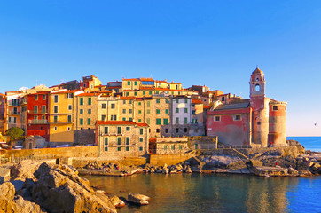 colorful houses and old facade in small fishermans village Tellaro in liguria, italy                                 