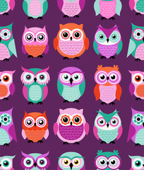 seamless cute cartoon owls birds pattern background - Vector - 257856186