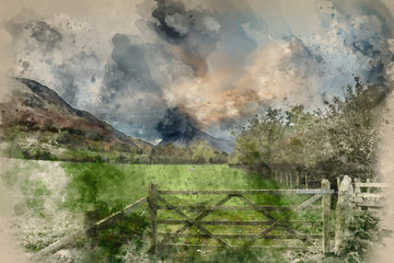 Watercolour painting of Beautiful Autumn Fall landscape image of Lake Buttermere in Lake District England