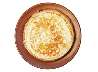 Homemade russian pancake on white background,