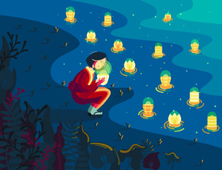 Naklejka na ściany i meble Japanese girl in kimono holds bright lantern nearby the river at night