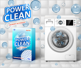 Washing machine ad. Stain remover banner design with realistic washing machine and laundry detergent package with clean soap bubbles. vector illustration