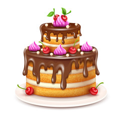Birthday cake with chocolate creme and red cherries fruits isolated on white background. Sweet dessert food for holiday celebration or children party. Eps10 vector illustration.
