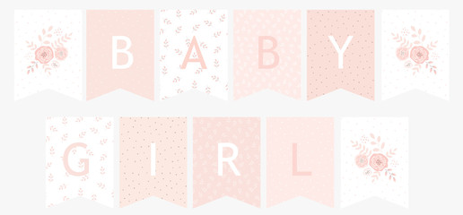 Lovely Baby Shower Paper Decoration Set. Cute Pastel Color Vector Garland For Baby Girl Party. Delicate Pink Floral Design. Flowers and Dots on a White and Pink Background. Sweet Nursery Art.