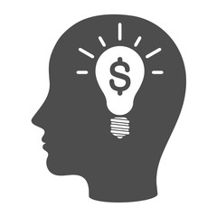 Idea icon concept. Head silhouette with a light bulb and a dollar symbol