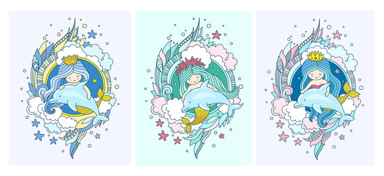 Little kawaii princess mermaids, dolphins, fish. Set of postacards. Under the sea. Siren, surrounded by green seaweed, clouds and starfish. Vector illustration.