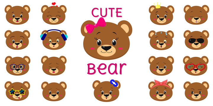 Cute brown bear, mega set of head of different emotions. Cartoon style, flat design, vector illustration