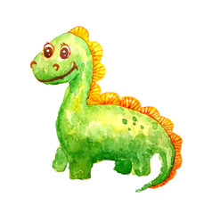  A green kind baby dinosaur is smiling and happy on a white background in isolation.