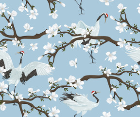 Seamless pattern with japanese cranes and magnolia - obrazy, fototapety, plakaty