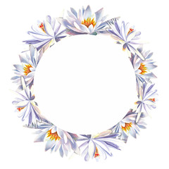 Wreath with  hand painted lotus  in watercolor on a white background.