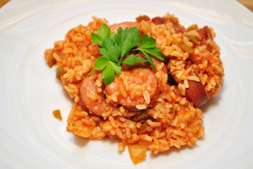 Salsa Rice with Sausage Garnished with Italian Parsley