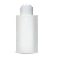 Shampoo Bottle. Glass or Plastic Cosmetic Package Mockup. Vector Isolated Body Lotion Container for Liquid Hair Gel, Perfume. Milk White Realistic Packaging with Round Lid. Merchandise Collection.