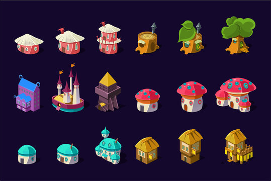 Flat vector set of colorful buildings for mobile game. Cartoon fairy houses in shapes of trees and mushrooms. Cute princess castle