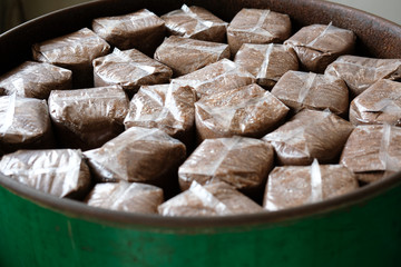 artificial substrate in bag for growing mushroom in farm