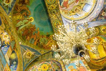 Interior, church of Savior on the Spilled Blood. 1880s church with vibrant, lavish design - Saint...