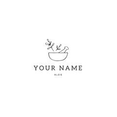 Kitchen logo template, a bowl with spices. Vector hand drawn object.
