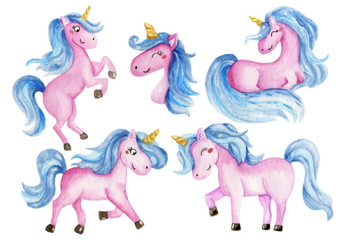Beautiful rainbow watercolor unicorns set. Nursery unicorns illustration.