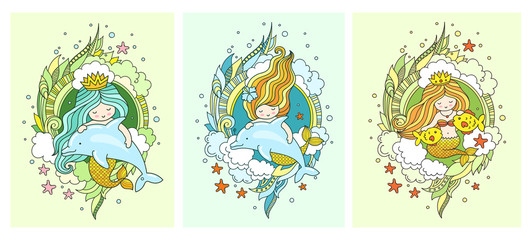 Little kawaii princess mermaids, dolphins, fish. Set of postacards. Under the sea. Siren, surrounded by green seaweed, clouds and starfish. Vector illustration.