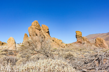 The rugged landscape with rocks and lots of rough scrub around the volcano El Teide on the island...