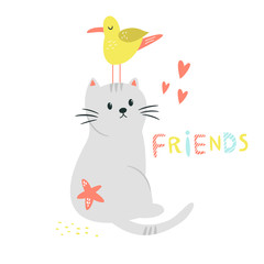 Funny cat and seagull friends. Friendship concept