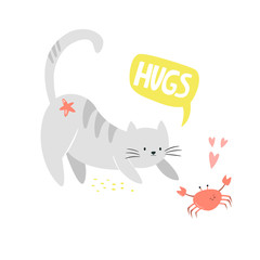 Funny cat and crab friends. Friendship concept