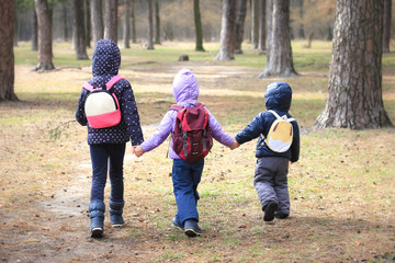 Three children are walking in the forest in early spring