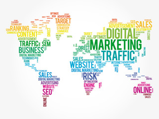 Digital Marketing word cloud in shape of world map, business concept background