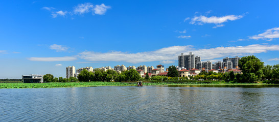 Fototapeta na wymiar Urban River Horizon Panorama