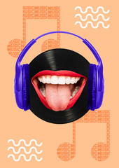 Music - how it tastes. Melomans head as a black vinyl record with brightning smile, red lips and...