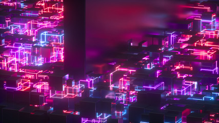Neon glowing lights, grid from lots of cubes, glossy blocks, ultraviolet spectrum, abstract city, laser lines, creative background, 3d rendering