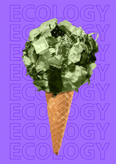A lot of trash - its not delicious. Environmental problems and trash fight concept. Icecream made of green household garbage against purple background. Modern design. Contemporary pop-art collage.